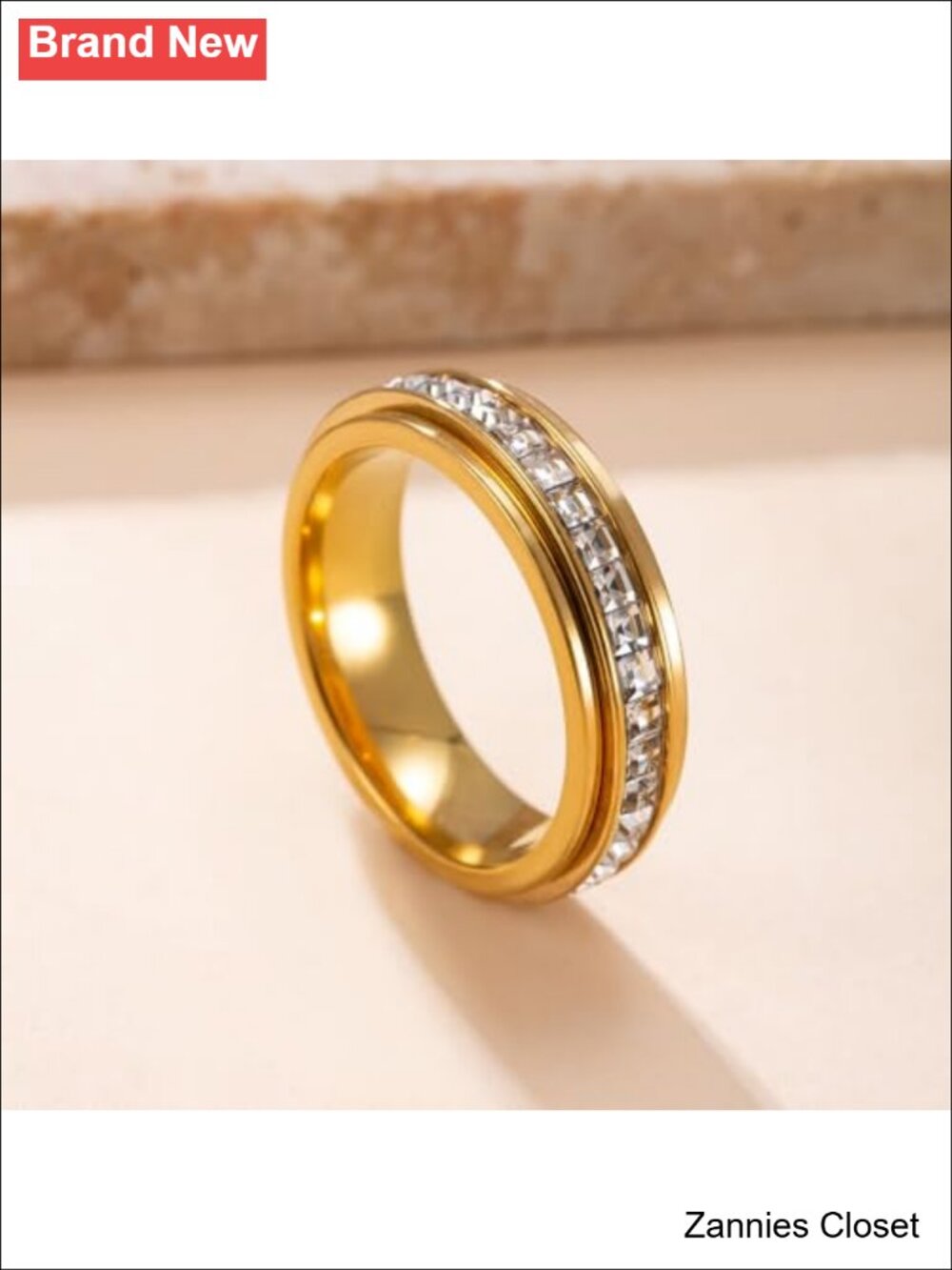 ๐ 6mm Titanium Fidget Ring Full Cubic Zirconia Eternity Band Gold Plated - Picture 5 of 6